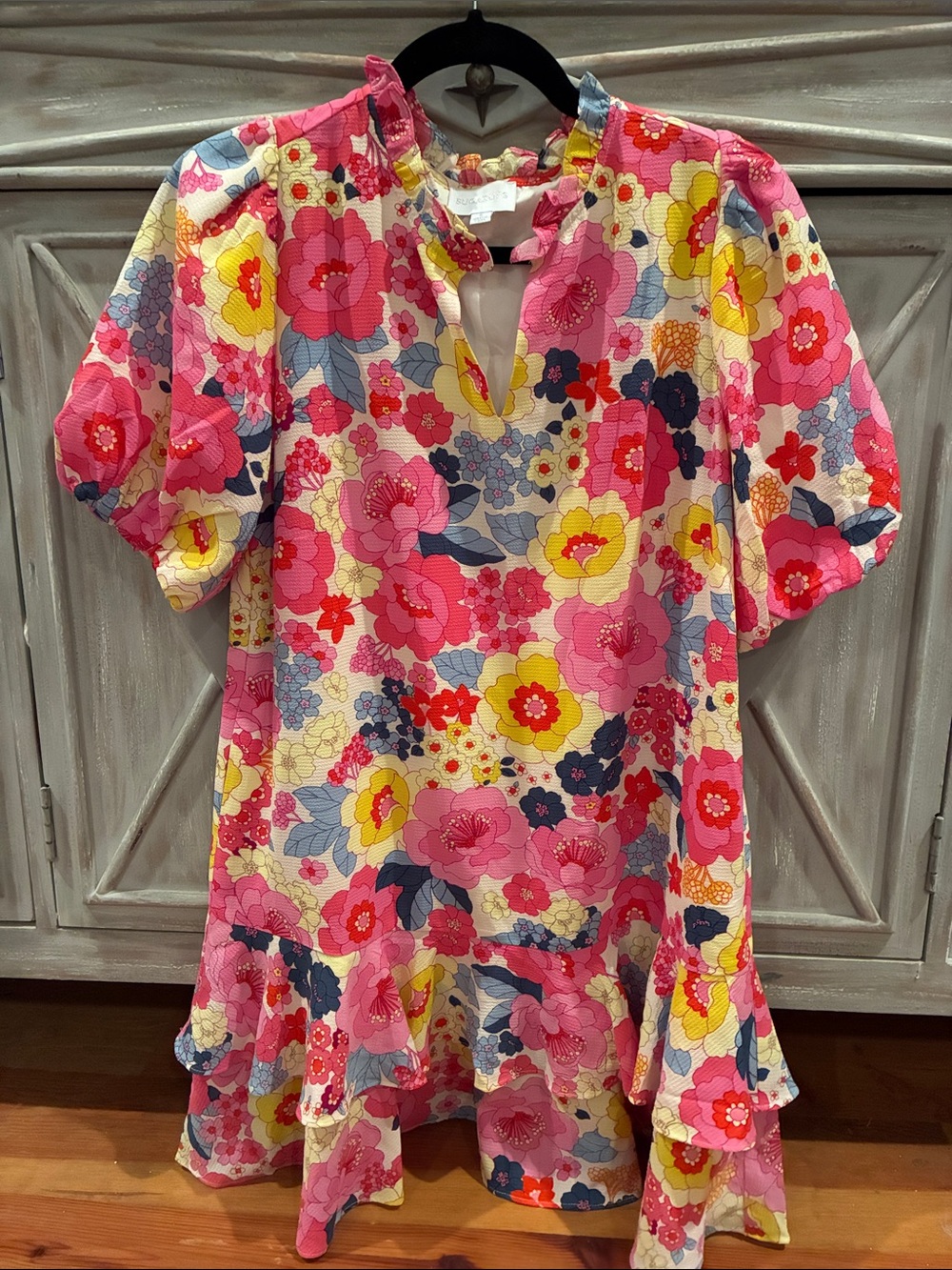 Sugarlips Bright Pink Floral Ruffle Hem Dress